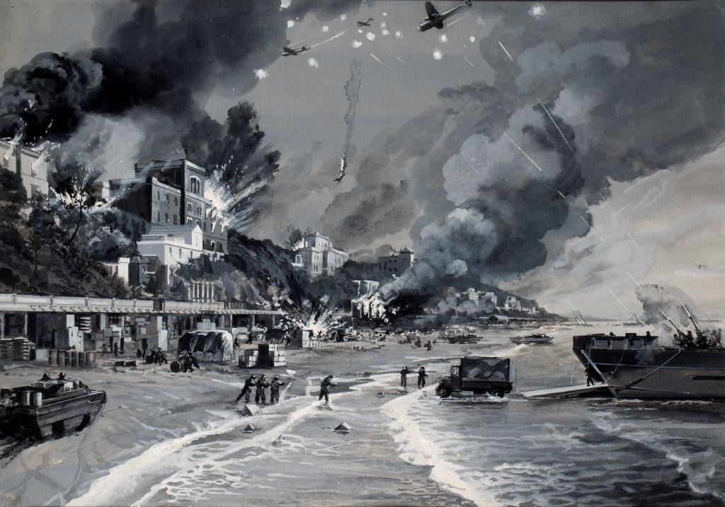 Art of WW2 Roladn Davies Luftwaffe Attack on Anzio Villas