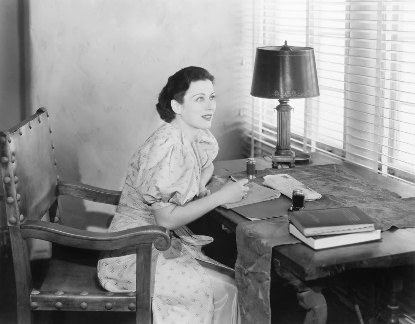 Page Turner Woman at Desk Writing Fountain Pen Black and White